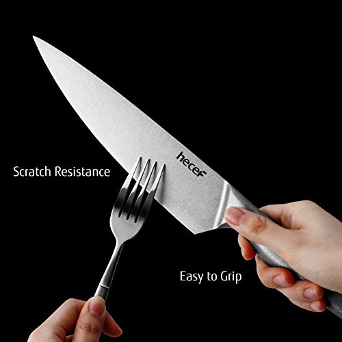 Hecef Vintage Style Kitchen Knife Sets,Scratch Resistant Camping Matte Knives With 5 Slots Recycled Oxford Cloth Knife Roll Bag & Covers,Stonewashed High Carbon Stainless Steel Blades & Hollow Handle #TOP2