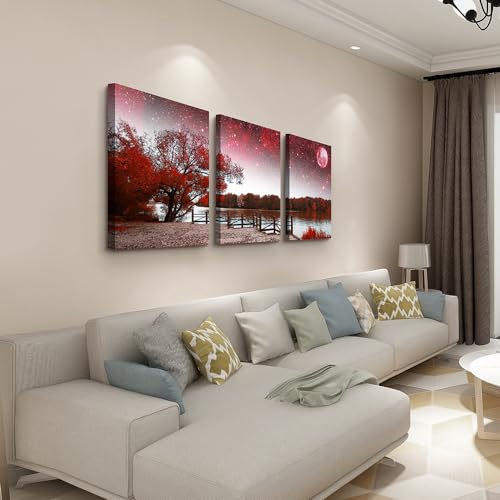 Lapremoly Large Canvas Wall Art for Living Room and Bedroom - Red Tree Abstract Landscape Paintings - Modern Inspiration Artwork for Office Decor - 3 Set
