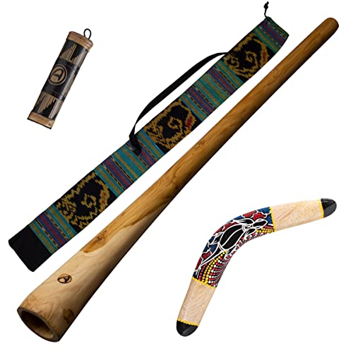 Australian Treasures - Paquete ''Dreamtime'': didgeridoo de madera 120cm - bolsa - boomerang de madera 40cm - palo de lluvia/agitador 20cm