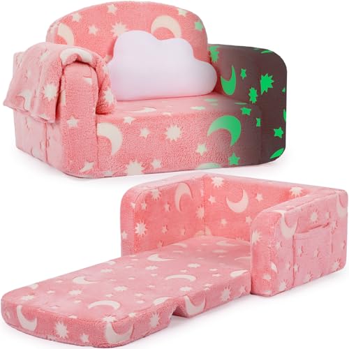 Kids Couch 2-in-1 Soft Toddler Couch Fold Out with Blanket and Cloud Pillow Glow in The Dark Convertible Sofa Gifts for Kids Girl Boys Medium Pink Moon