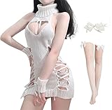 [SEXYTINE] 童貞を殺すセーター ニットセーター ニットワンピース フリーサイズ ベビードール セーター バックレス ノースリーブ ベビードール ランジェリー かわいい 可愛い プレゼント 衣装 服 女性用 レディース かわいい 仮装 コスチューム ハロウィン クリスマス 女装 人気 コスプレ (ワンピース/ブレスレット*2/ストッキング) 4点セット ((ホワイト))
