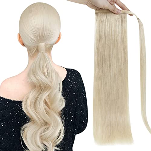 Full Shine Blonde Ponytail Extension Real Human Hair Ponytail 14Inch Wrap Around Ponytail with Magic Paste Real Hair Ponytail Extension Comb in Human Hair Platinum Blonde 70 Grams