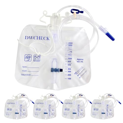 DWCHECK 5 Pack Urinary Drainage Bag with Anti-Reflux Chamber 2000mL Urine Bags with 48 Tube Drainage Splash-Resistant Drain Spout Clips and Hanging Hook Disposable Urine Bags for Men