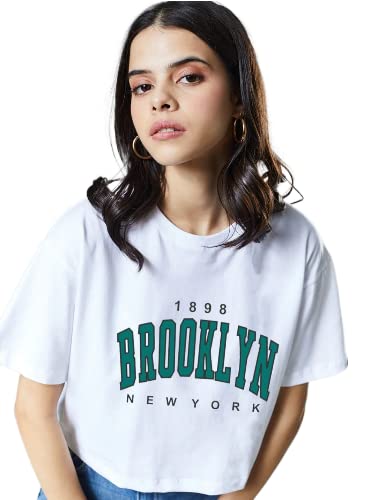 Image of Women Oversize Fit Round Neck with Short Sleeves Cotton Brooklyn Printed Crop Tops.