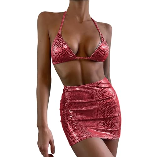 2024 Mujeres Shiny Rave Trajes Halter Bikini Conjuntos Sujetador Top Panty Minifalda Metálica Traje de Baño Dancewear, rojo, XL