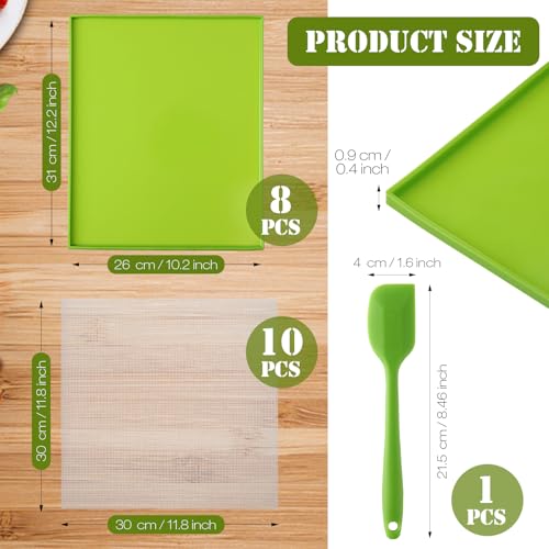Image of Thenshop 8 Silicone Dehydrator Mats & 10 Mesh Dryer Mats and 1 Baking Scraper, Reusable Non Stick Silicone Dehydrator Tray with Edge for Baking Fruits Meat Vegetables(Green)