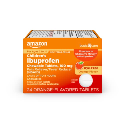Amazon Basic Care Childrens Ibuprofen Chewable Tablets 100 mg Orange Flavor Dye Free Pain Reliever and Fever Reducer (NSAID) For Ages 2-11 24 Count