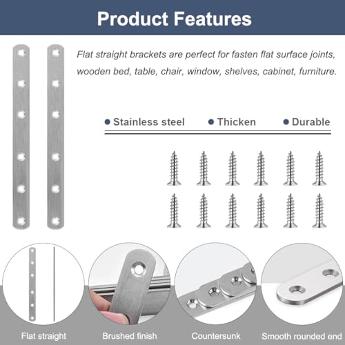 Image of 4 Pcs Straight Brackets 8 Inch Flat Brace Stainless Steel Straight Mending Plates for Wood, Heavy Duty Repair Fixing Joining Brackets with Screws