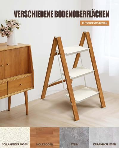 ATTESTIERER Trittleiter 3 Stufen klappbar,150 kg Kapazität mit Anti-Rutsch-Pedal,Tragbarer Tritthocker aus Alu,einfach zu verstauen,Innen- und Außenbereich, ästhetisches Aussehen,Weiß Holz Look