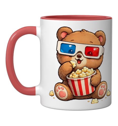 Cute Bear with 3D Glasses and Popcorn in Cinema Ceramic Mug, Red/White, 11oz
