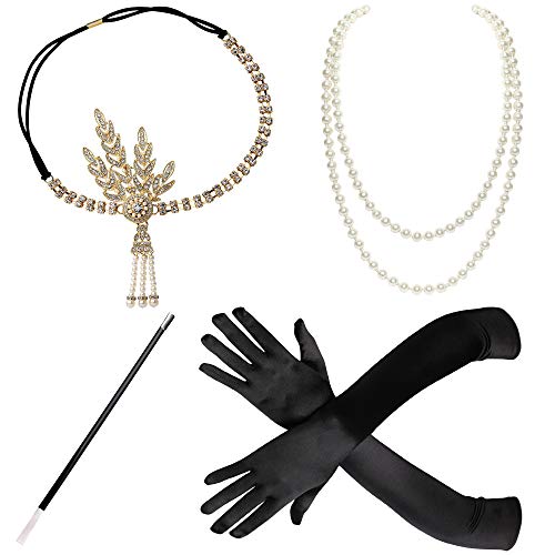BABEYOND 1920s Flapper Gatsby Costume Accessories Set 20s Flapper Headband Pearl Necklace Gloves Cigarette Holder (Set-23)
