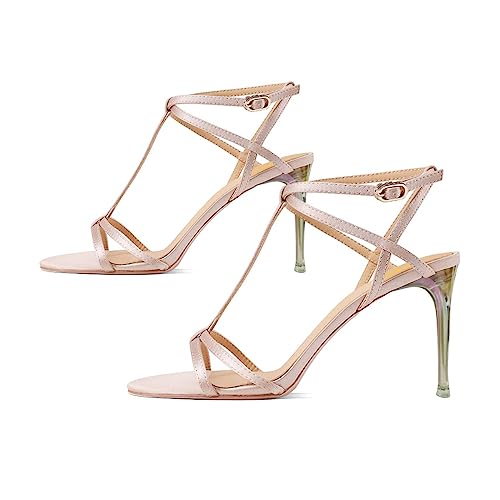 FYS Women Elegant Clear Stiletto High Heels Chic Open Toe T-strap Heeled Sandals Buklce Party Wedding Dress Summer Shoes Size 4-15 US3