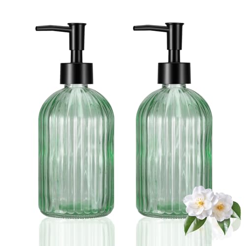 Hejo Seifenspender Glas, 400ml Nachfüllbarer Spülmittelspender aus Glas, 2 Stück Set Transparent Moderner Gestreifter Soap Dispenser für Bad und Küche(Olivgrüner)