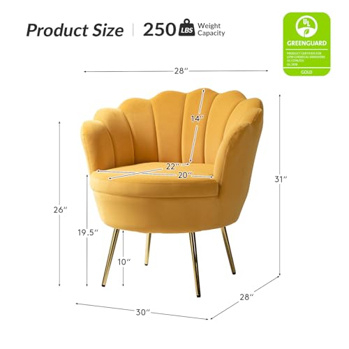 Image of HULALA HOME Velvet Accent Chair with Shell Shaped Back, Modern Cute Living Room Bedroom Armchair Sofa Chair with Gold Legs, Comfy Upholstered Vanity Chair for Makeup Room, Mustard