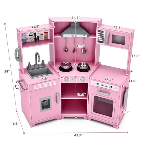 JOYLDIAS Kids Play Kitchen,Corner Wooden Pretend Toddler Kitchen Toys Playset with Realistic Lights & Sounds,Microwave Oven,Water Dispenser, Phone, Sink,Cooking Accessories, for Ages 3+, Pink