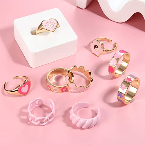 Subiceto 9 Pcs Chunky Y2K Rings For Women Colorful Resin Acrylic Rings Funky Evil Eyes Butterfly Heart Flower Yin Yang Rings,Aesthetic Statement Knuckle Rings Set For Women Pink #TOP3