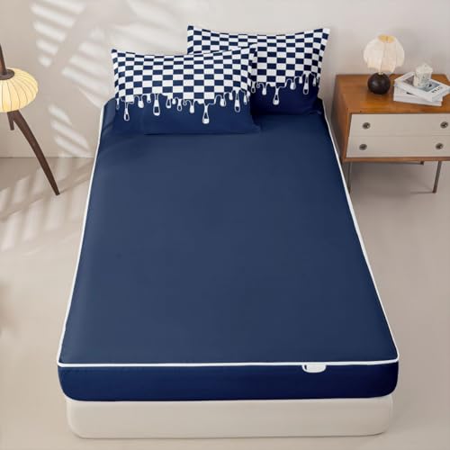 Image of Navy Blue White Checkered Complete Zip Up Bedding Set Full,4 Piece Checkerboard Drip Comforter Kit with Fitted Sheet & Pillowcases,Y2K Aesthetic Geometric All Season Bed in a Bag for Boys Girls
