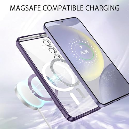 Image of VONZEE Clear Logo Electroplating Transparent Case For Samsung Galaxy S24 FE 5G, Magnetic Plating [Support For MagSafe Charger] Tpu Case Cover, Individual Camera Protection For Each Lens- Deep Purple
