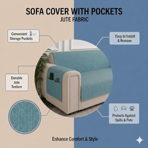 Image of STITCHNEST 'ComfyNest Series' 1 Seater Sofa Cover | Full Coverage with Armrest Pocket | Elegant Jute Fabric, Washable & Durable for Modern Living