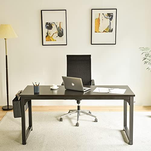 63 inch Computer Desk,Large Home Office Desk Modern Wood Writing Table Rustic Gaming Desk Sturdy Extra Thick Wooden Desktop Thicker Metal Frame PC Workstation with Storage Bag and Hooks(Black)