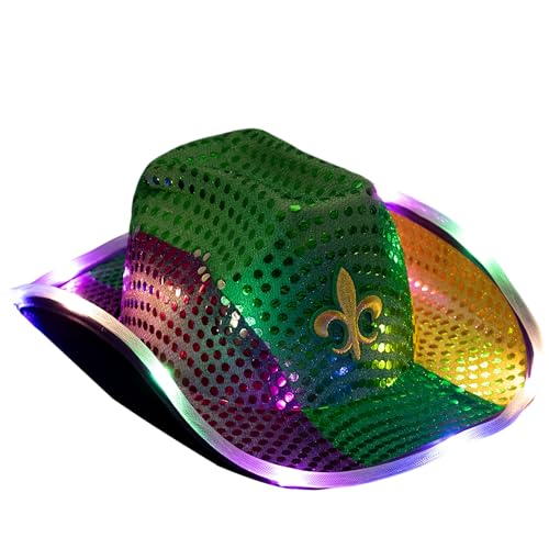 GiftExpress Adult LED Light-Up Sequin Cowboy Hat Mardi Gras Costume Accessory Shiny Purple Green and Gold Colors