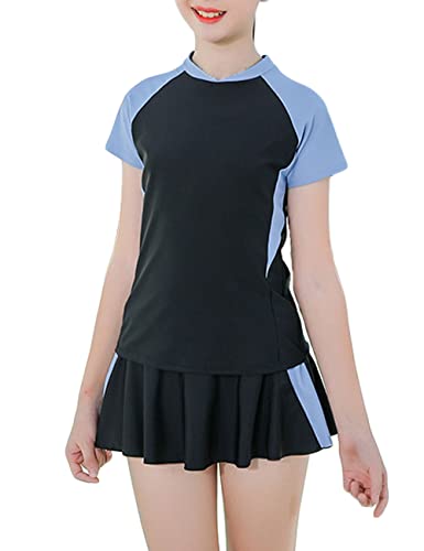 Mädchen Zweiteiliger Rashguard Badeanzug Kurzarm volle Länge Bademode mit Rock Badeshorts, Schwarz , 14-16 Jahre Cover
