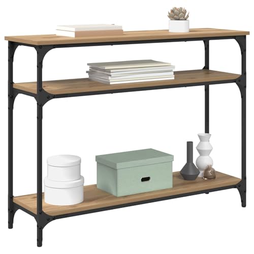 Mesa consola de madera con marco de metal y dos estantes de salón 4
