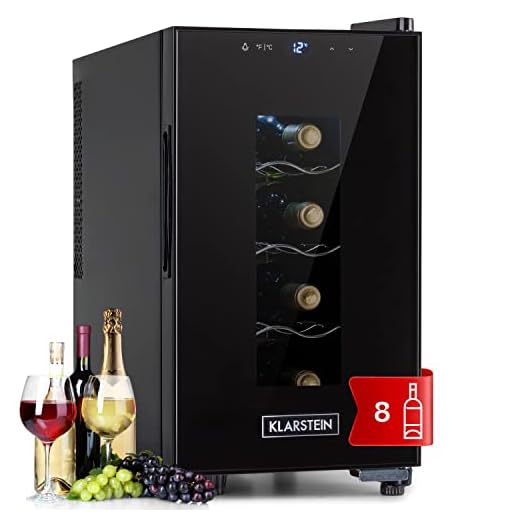 KLARSTEIN Cave a Vin, Réfrigérateur Bar/à Vin sur Pieds avec Porte en Verre, Cave à Vin de Vieillissement, Prosecco, Bière, Ecran Tactile, Frigo, Protection UV, 11-18°C, 8 Bouteilles