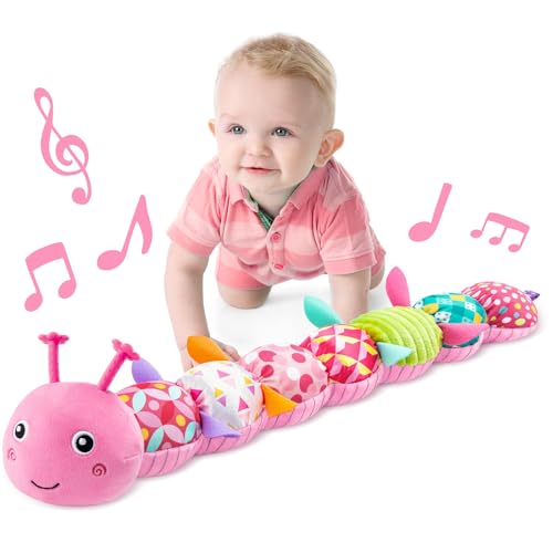 LIGHTDESIRE Baby Toys Musical Caterpillar,Infant Stuffed Animal Toys with Crinkle and Rattles,Soft Sensory Toys with Textures for Tummy Time Newborn Boys Girls 0 3 6 12 Months(Pink)
