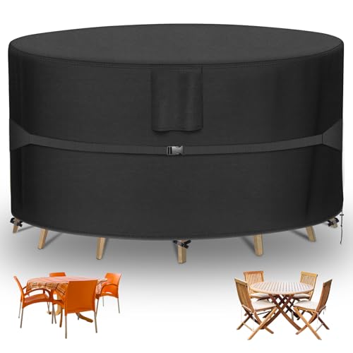 RICHIE Round Patio Furniture Covers - 600D Heavy Duty Waterproof Outdoor Table Cover Lawn Furniture Set Covers for Dining Table and Chairs Seating 62DIAx28H