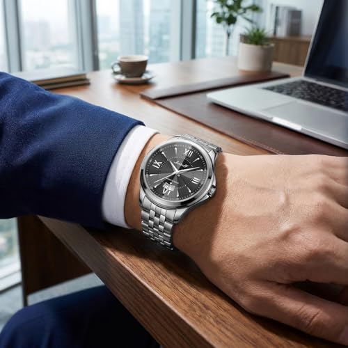Image of Letoff Men's Analog Watch,Tool-Free Adjustable Clasp, Water Resistant 100ft, Roman Numeral Dial, Stainless Steel Case & Strap, Perfect for Business & Casual Wear