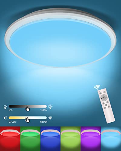 WANFEI Plafonnier Led, 24W RGB Dimmable Luminaire Rond Plafonnier avec Télécommande, 3000-6000K IP54 Imperméable Plafonnier Led Couleur Plafonnier Pour Cuisine,Salon,Chambre Salle de Bain