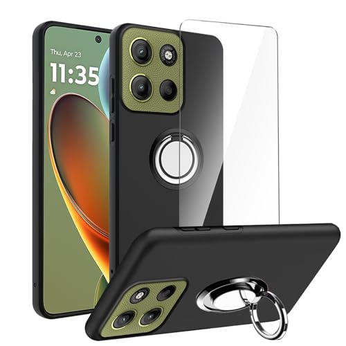 Cover per Motorola Moto G15 G15 Power 4G 6.72 Nero Custodia + supporto ad anello rotante + protezione schermo in vetro temperato