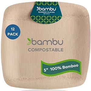 Bambu Pack of 12-5 Inch Disposable Bamboo Plates Square, Biodegradable Eco Friendly Products, Bamboo Disposable Appetizer Plates for Party, Weddings, and Events, Compostable Plates