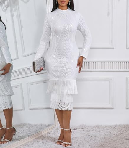 Image of Cololura Sexy Elegant Women Sequin Long Sleeve Tassel Bodycon Midi Dress Party Evening Gown Formal Dress