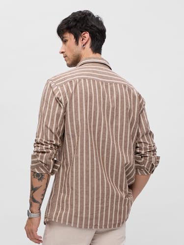 Image of The Souled Store Cotton Linen Stripes: Azure Men and Boys Long Sleeves Collared Neck Button Front Regular Fit Cotton Linen Shirts