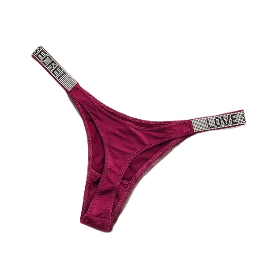 POGSTER Women's Mid-Rise Thong Underwear with Rhinestone Strap, Black (UK, Alpha, XL, Regular, Regular, Burgundy)