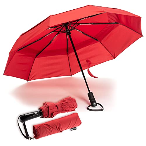 Ergonauts Reise-Regenschirm, winddicht, belüftet, mit doppeltem Schirmdach – mit Teflon-Beschichtung, ergonomischem Griff und Schutzhülle. Tragbar, kompakt, faltbar und leicht (Rot)