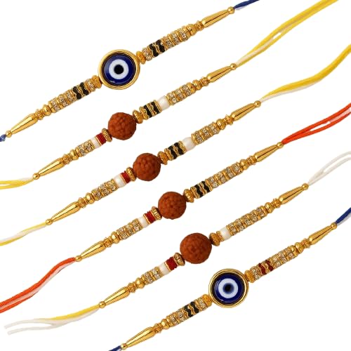 Pearl Nakshatra Rudraksh Rakhi & Nazar Suraksha Rakhi Set – Pack of 5 Designer Bands for Brother – Raksha Bandhan Gift Combo