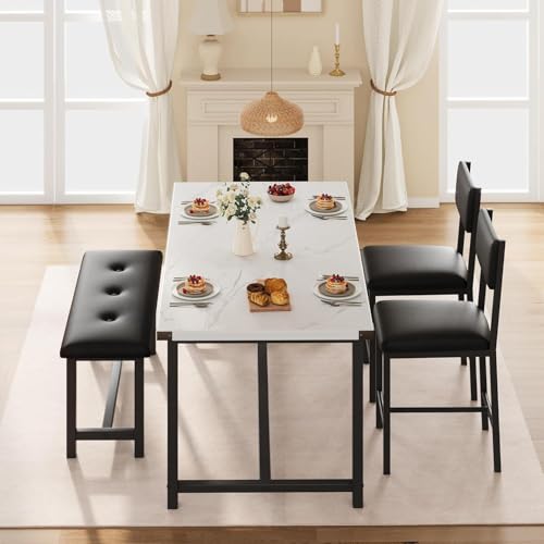 OPULENTHOME Juego de mesa de comedor para 4, mesa de cocina con 2 sillas acolchadas y banco, juego de comedor de madera, para habitación pequeña, apartamento, casa, fácil montaje, mármol blanco - imagen 2