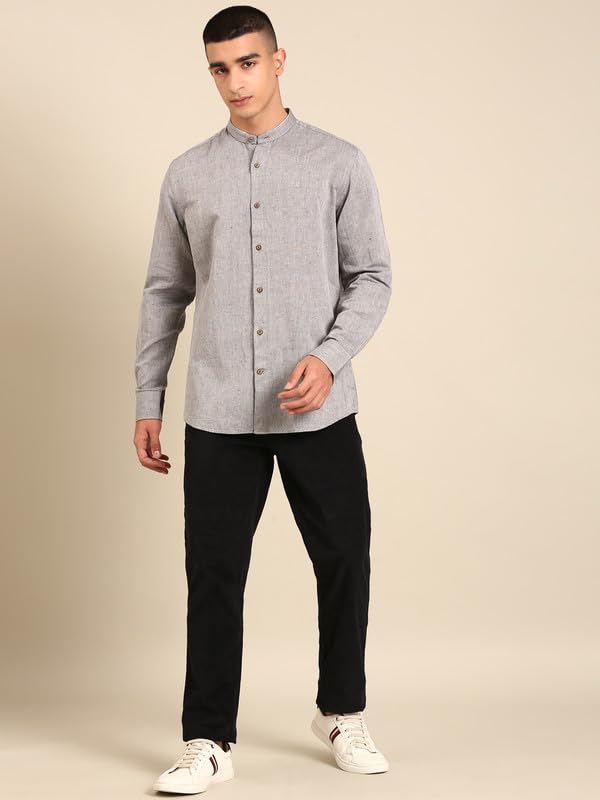 Image of Cavallo by Linen Club Men's Blended Linen Blue Solid Contemporary Fit Full Sleeve Casual Shirt