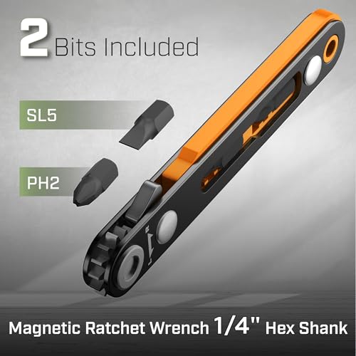 Image of Bates- Mini Ratchet Wrench, 1 /4 inch Magnetic 90 Degree Screwdriver, Low Profile Right Angle Screwdriver for Tight Spaces (Pack of 2)