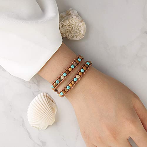 Image of KELITCH Natural Agate Onyx 2 Wrap Bracelets Handmade Leather Strand Bracelets Fashion Jewelry