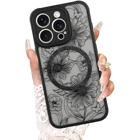 AIGOMARA Clear Magnetic for iPhone 15 Pro Case 6.1 in, Flower Butterfly Pattern [Compatible with Magsafe Wireless Charging] with Camera Protection Translucent Matte Shockproof Cover (Black) Cover
