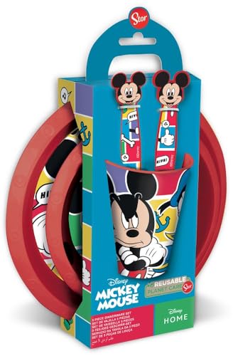 Imagen de Disney Juego de vajilla de 5 piezas rojo y azul de plástico Mickey Mouse con platos