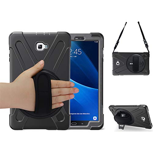BRAECN Galaxy Tab A 10.1 Case 2016, Heavy Duty Shockproof Kids Friendly Case with Rotating Hand Strap, Kickstand, Carrying Shoulder Strap for Samsung Galaxy Tab A 10.1 2016 Model SM-T580 SM-T585-Black