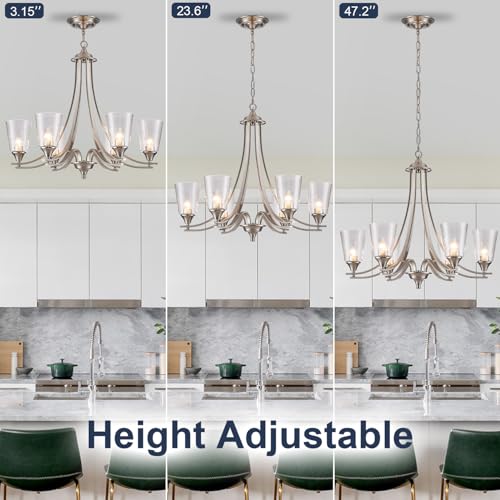 Image of Brushed Nickel Chandelier Light Fixture for Kitchen Island 6-Light Pendant Lighting with Seed Glass Lampshade Max 47.2 Height Adjustable Silver Hanging Light for Dining Room Foyer Living Room