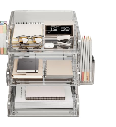 Organizador de escritorio de acrílico transparente, bandeja de cartas de varios niveles con soporte para bolígrafos, almacenamiento de oficina para documentos y suministros
