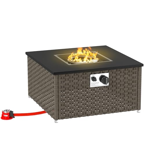 Outsunny Rattan Fire Pit Table for Garden 13 KW Smokeless Propane Fire Pit with Lid Square Garden Coffee Table with Patio Heater for Outdoor Patio 58 x 58 x 33 cm Grey