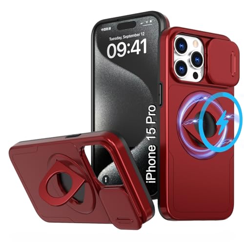 Image of LuxuryKase MagSafe Shockproof Rugged Back Case for iPhone 15 Pro | Finger Ring Kickstand & Sliding Camera Cover | Military Drop Protection | Wireless Charging Support - Red